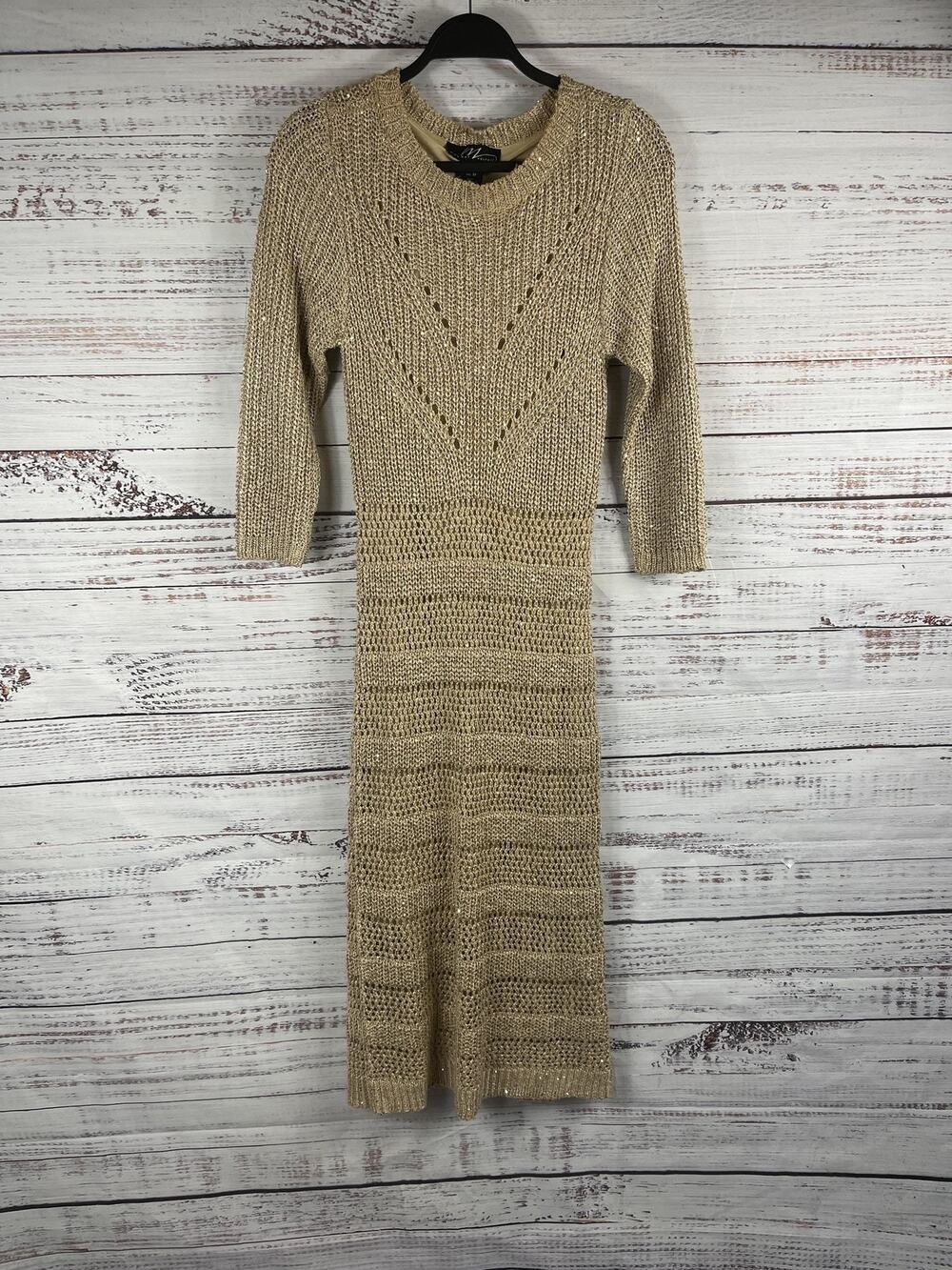 Midnight Velvet Dress Women's Medium Gold Metallic Knit Sweater 3/4 Sleeve Lined